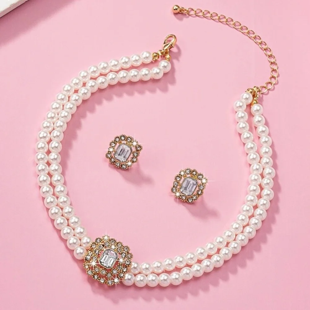 1 Set Double Layers Imitation Faux Pearl & Geometric Full Of Rhinestone Design